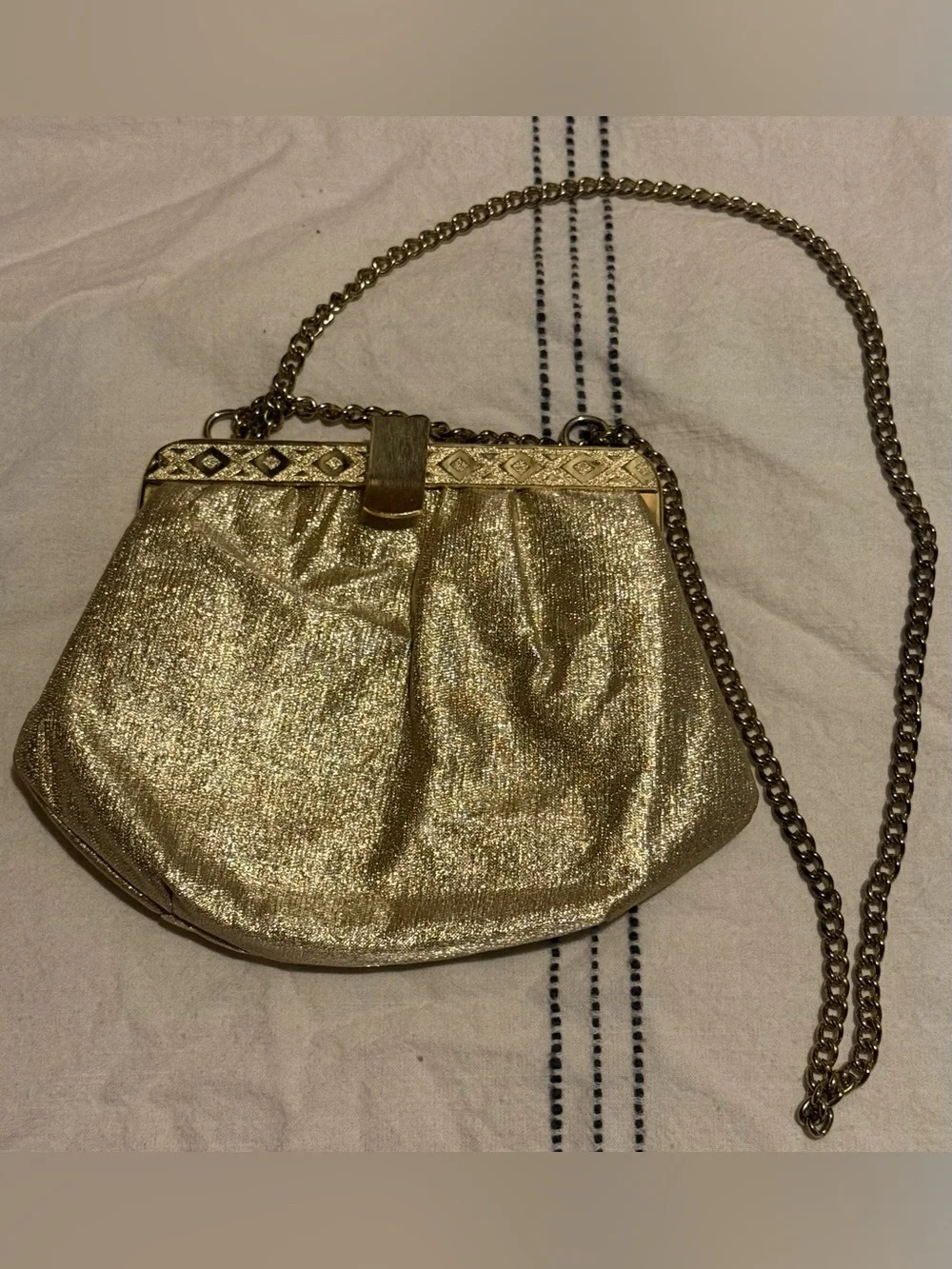 Vintage 1960s Gold Lamé Evening Bag Metallic Chain Frame Purse
